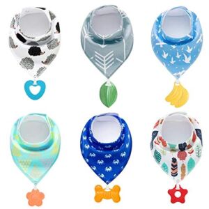 PandaEar Baby Bandana Drool Bibs 6-Pack with Teething Toys, Super Absorbent, 100% Organic Cotton, Neutral Color for Boys & Girls (Neutral)