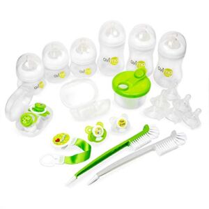 Avima Newborn Baby Bottle Starter Set. Anti-Colic Wide Neck Bottles with Slow and Medium Flow Nipples. 22 Piece Set