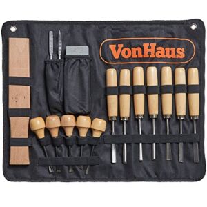 VonHaus 16pc Wood Carving Tool Set with Wood Knives, Carving Tools, Files Sharpening Stone and Mallet – Beginner Woodworking Chisels with Carry Case