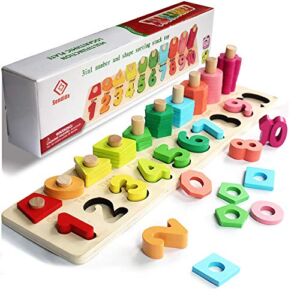 Sendida Montessori Math Shapes Puzzle Toys – Toddlers Stacking Wood Blocks Number Toys Stacking Shape Sorting Toys Early Learning Toys for Kids Preschool Counting