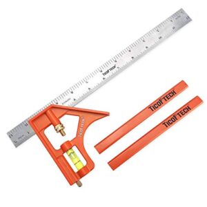 TICOFTECH 12-Inch Combination Square, Inch/Metric Metal Combo Square with Stainless Steel Blade, Accurate Woodworking Measure Square with Carpenter Pencils