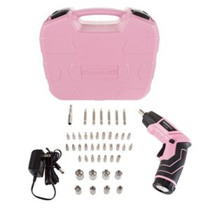 Stalwart – 75-PT1031 Pivoting Screwdriver 45 Pc. Set-Pivoting Cordless Power Tool with Rechargeable 3.6V Lithium Battery, LED Lights, Bits, Sockets, and Case by Pink