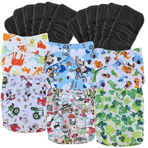 TDIAPERS Cloth Diapers Washable Reusable One Size Adjustable for Baby 6 Pack with 12 Pcs 5-Layer Charcoal Bamboo Inserts