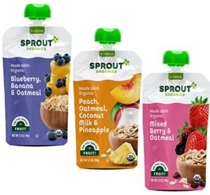 Sprout Organic Baby Food, Stage 2 Pouches, Mixed Berry Oatmeal, Peach Oatmeal & Blueberry Banana Oatmeal Variety Pack, 3.5 Oz Purees (Pack of 18)
