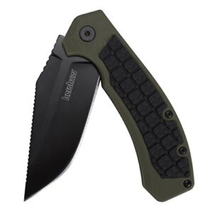 Kershaw Faultine Pocketknife (8760); 3-Inch 8Cr13MoV Blade with KVT Manual Open, Black Oxide Coating and Rubber Overmold, Olive Handle, Pocketclip