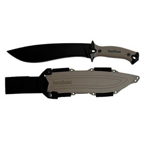 Kershaw Camp 10 – Tan Machete (1077TAN); Black Powdercoated 65 Mn Stainless Steel Fixed Blade; Full Tang Build; Tan Rubber Overmold Handle; Tan Molded Sheath with Lash Points and Nylon Straps; 1.8 oz.