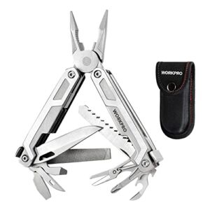 WORKPRO Multitool, 15-in-1 Multi Tool Pocket Knife with Screwdriver, Heavy Duty Multitool Pliers with Safety Locking and Sheath, Perfect for Camping, Fishing and Hiking