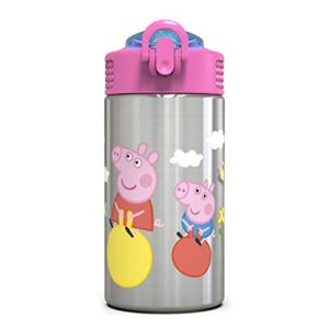 Zak Designs Peppa Pig 15.5oz Stainless Steel Kids Water Bottle with Flip-up Straw Spout – BPA Free Durable Design, Peppa Pig SS, Single Wall