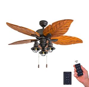 Prominence Home 50780-01 New Zealand Tropical Ceiling Fan (3 Speed Remote), 52″, Dark Cherry Hand Carved Wood, Aged Bronze