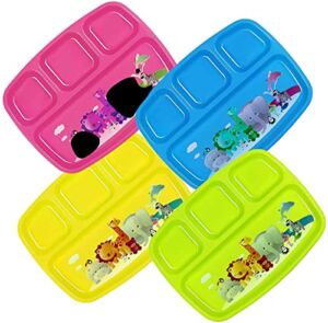 Plaskidy Kids Plastic 4-Compartment Plates With Dividers – Set of 4 Toddler Divided Plate Brightly Colored Children Divided Tray Dishwasher Safe BPA Free With Fun Zoo Design