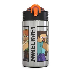Zak Designs Minecraft – Stainless Steel Water Bottle with One Hand Operation Action Lid and Built-in Carrying Loop, Kids Water Bottle with Straw Spout is Perfect for Kids (15.5 oz, 18/8, BPA-Free)