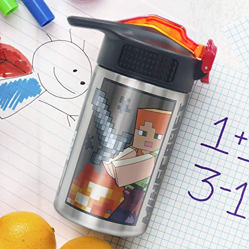 Zak Designs Minecraft – Stainless Steel Water Bottle with One Hand Operation Action Lid and Built-in Carrying Loop, Kids Water Bottle with Straw Spout is Perfect for Kids (15.5 oz, 18/8, BPA-Free) | The Storepaperoomates Retail Market - Fast Affordable Shopping