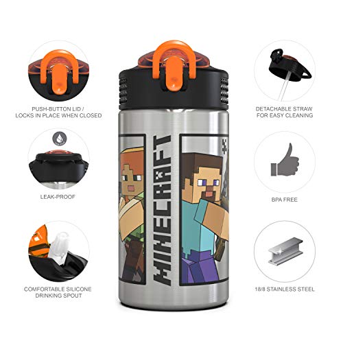 Zak Designs Minecraft – Stainless Steel Water Bottle with One Hand Operation Action Lid and Built-in Carrying Loop, Kids Water Bottle with Straw Spout is Perfect for Kids (15.5 oz, 18/8, BPA-Free) | The Storepaperoomates Retail Market - Fast Affordable Shopping