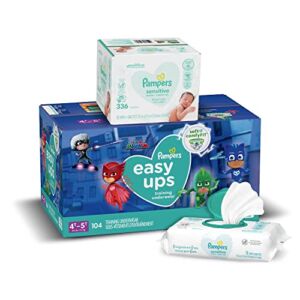 Pampers Easy Ups Training Pants Boys and Girls, Size 6 (4T-5T), 104 Count, ONE MONTH SUPPLY with Baby Wipes Sensitive 6X Pop-Top Packs, 336 Count (Packaging May Vary)