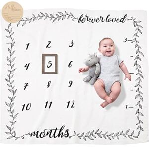 Organic Baby Monthly Milestone Blanket Boy or Girl – Months Blanket with Wood Frame and Newborn Announcement Disc – Growth Chart Milestone Blanket Neutral, 1-12 Month Milestones, 47”x47”