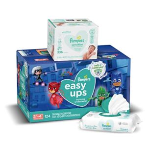 Pampers Easy Ups Pull On Training Pants Boys and Girls, Size 5 (3T-4T), 124 Count, ONE MONTH SUPPLY with Baby Wipes Sensitive 6X Pop-Top Packs, 336 Count (Packaging May Vary)