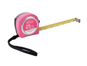 Apollo Tools DT5002P Pink 25 Foot Tape Measure with Retractable Blade, Lock Button and Belt Clip Ribbon