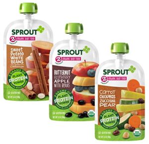 Sprout Organic Baby Food, Stage 2 Pouches, Sweet Potato White Bean, Butternut Blueberry & Carrot Chickpea Variety Pack, 3.5 Oz Purees (Pack of 18)