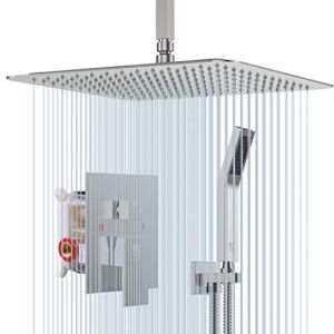 SR SUN RISE 12 Inch Ceiling Mount Brushed Nickel Shower System Bathroom Luxury Rain Mixer Shower Combo Set Ceiling Rainfall Shower Head System (Contain Shower Faucet Rough-In Valve Body and Trim)
