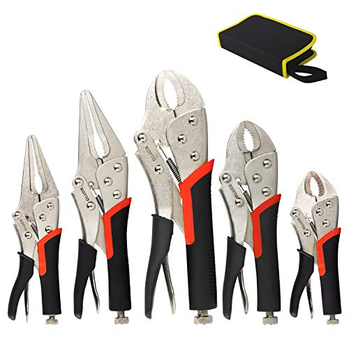 KOTTO 5 Pack Set Locking Pliers Set, 5 Inch, 7 Inch and 10 Inch Curved Jaw Locking Pliers, 7 Inch and 9 Inch Long Nose Locking Pliers with Storage Bag | The Storepaperoomates Retail Market - Fast Affordable Shopping