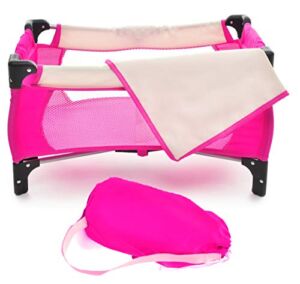 fash n kolor Doll Pack N Play Crib Fits up to 18″ Dolls Blanket and Carry Bag Included (Hot Pink)