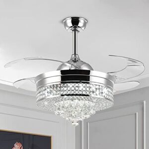NOXARTE 42 Inch Crystal Chandelier Fan with Lights and Remote Control Modern Retractable Blades Ceiling Fan LED Dimmable Fandelier for Dining Room Bedroom Kitchen Island