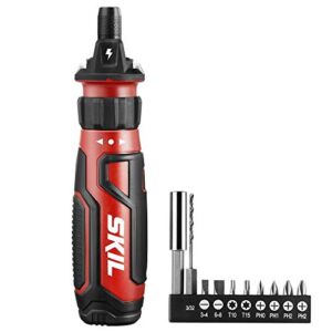 SKIL Rechargeable 4V Cordless Screwdriver with Circuit Sensor Technology, Includes 9pcs Bit, 1pc Bit Holder, USB Charging Cable – SD561201 , Red