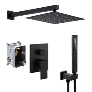 KES Shower Faucets Sets Complete Matte Black Shower System 10 Inches Rain Shower Head with Handheld Shower Valve and Trim Kit Pressure Balance, XB6230-BK