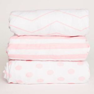 NODNAL CO. 3 Fitted Pink Mini Crib Pack n Play Playard Portable Crib Sheets Set – 100% Oeko-TEX Cotton Baby Girl Nursery Bedding – Chevron, Polka Dot, & Stripe Travel Pack and Play Playpen Sheet