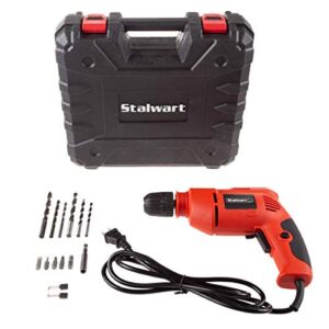 Stalwart 75-PT1037 Electric Power Drill with 6-Foot Cord – Variable Speed, Reversable Wired Screwdriver with Bubble Level, Carrying Case & Accessories