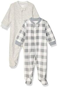 Amazon Essentials Unisex Babies’ Microfleece Footed Zip-Front Sleep and Play, Pack of 2, Grey/Light Grey Heather, Buffalo Check, 9 Months