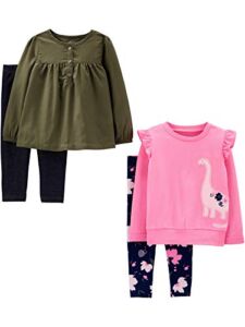 Simple Joys by Carter’s Baby Girls’ 4-Piece Long-Sleeve Shirts and Pants Playwear Set, Olive/Pink, Dinosaur, 18 Months