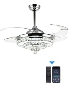 SILJOY 42 Inch Crystal Ceiling Fan with Lights Retractable Ceiling Fan Lights with Remote Control Chandelier Ceiling Fan Silver Fandeliers Ceiling Fans Dimmable for Bedroom Living Room