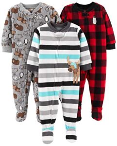 Simple Joys by Carter’s Baby Boys’ Loose-Fit Flame Resistant Fleece Footed Pajamas, Pack of 3, Animal/Stripe/Buffalo Check, 18 Months
