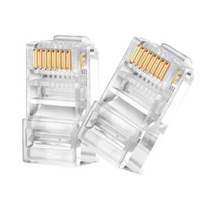 RJ45 CAT6 Pass Through Connectors 100 Pack – Easy and Fast Termination – Gold Plated 3 Prong 8P8C Modular Ethernet UTP Network Cable Plug End for Cat6 Cat5e