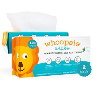 Whoopsie Wipes | Ultra-Soft – 100% Pure Cotton Dry Baby Wipes | Use Wet or Dry | Soft & Sensitive | Hypoallergenic | Extra Strong & Absorbent | Perfect for Diaper Changes, Runny Noses, Drool, Meal Time & Nursing (2-Pack)