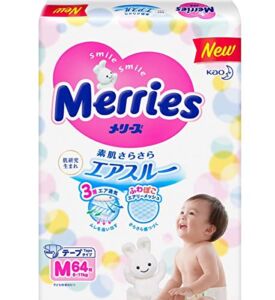 Merries Diapers Size Medium (13-24 lbs) 64 Counts – Baby Diapers Tape Type Bundle with Americas Toys Wipes Safe Materials, Indicator Prevents Leakage, Ultra-Soft for Tummy Packaging May Vary
