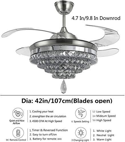Lighting Groups 42″ Retractable Ceiling Fans with LED Light Remote Control 4 Invisible Clear ABS Blades Livingroom Diningroom Fan Chandelier Indoor Ceiling Light Kits with Fans (42 Inch, Silver-03) | The Storepaperoomates Retail Market - Fast Affordable Shopping