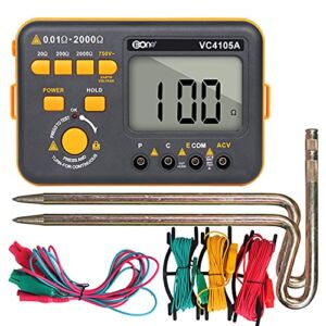 VC4105A Earth Resistance Tester Digital Grounding Resistance Meter 20/200/2000Ω Ground Resistance 750V AC Voltage Measure Backlight LCD Display Data Hold
