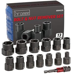 Hromee Impact Bolt Nut Remover Set, 13 Pieces Stripped Bolt and Damaged Lug Nut Extractor Tool