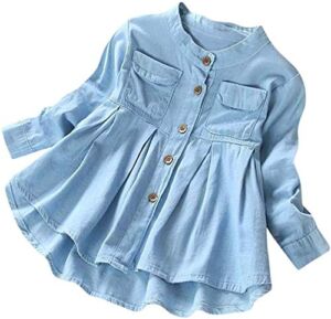 Baby Girls Kid Denim Ruched Long Sleeve T-Shirt Tops Dress Clothing Children Autumn Winter Fashion Blouse (Blue, 3T)