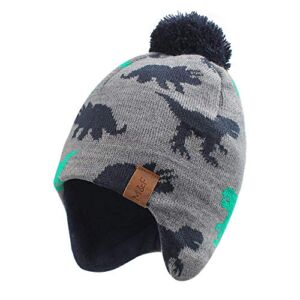 Knitted Baby Hat Scarf Set Winter Warm Boys Girls Beanie Fleece Lining Toddler Kids Hat with Pompom (Gray Dinosaur Hat, M)
