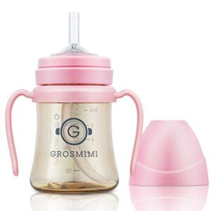 Grosmimi Spill Proof no Spill Magic Sippy Cup with Straw with Handle for Baby and Toddlers, Customizable, PPSU, BPA Free 6 oz (Pink)