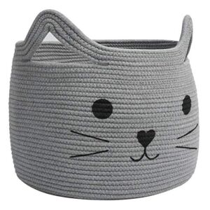 HiChen Large Woven Cotton Rope Storage Basket, Laundry Basket Organizer for Towels, Blanket, Toys, Clothes, Gifts | Pet Gift Basket for Cat, Dog – 15.7″ L×11.8″ H, Gray
