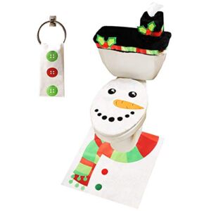 JOYIN 5 Pieces Christmas Snowman Theme Bathroom Decoration Set with Toilet Seat Cover, Rugs, Tank Cover, Toilet Paper Box Cover and Towel for Xmas Indoor Décor, Party Favors