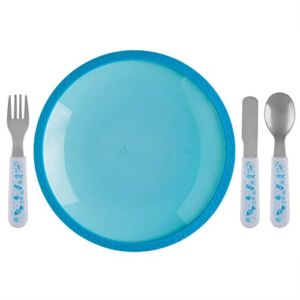Brinware Tempered Glass and Silicone Plates for Toddlers – Grip Dish with Stainless Steel Utensils (5 Piece) Set Kids Dinnerware Non-Toxic Plate, Spoon, Fork, and Knife Place Setting (Blue)