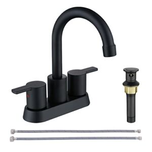 RKF Swivel Spout Two-Handle Centerset Bathroom Faucet Lavatory Faucet with pop-up Drain with Overflow and CUPC Water Supply line,Matte Black,BF015-9-MB