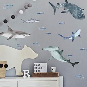 RoomMates RMK4311SCS Sharks Peel and Stick Wall Decals, Blue, Gray, White