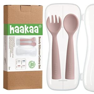 haakaa Toddler Forks and Spoons Set – Bendy Silicone Self Feeding Baby Utensils with Storage Case, Blush, 12+