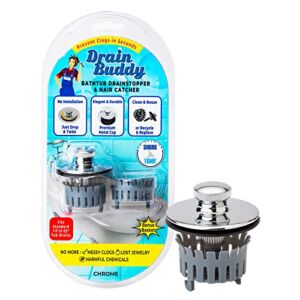 Drain Buddy Deluxe 1.5” Wide Bathtub Drain Stopper with Hair Catcher | Fits 1.5″ Wide x 1.25″ Deep Tub Drains | Easy Install to Prevent Tub Clogs | Chrome Plated Metal Cap w/ 1 Replacement Basket